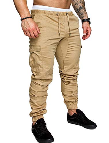Hakjay Men's Athletics Pocket Cargo Pant Gym Elastic Waist Trousers Jogger Pantsâ€¦ Khaki