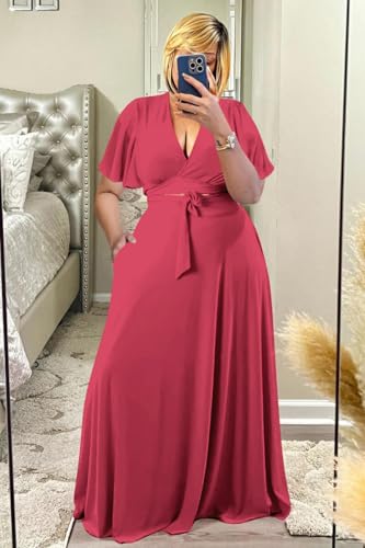 Image of Plus Size Women's 2 Piece Outfits Casual Short Ruffle Sleeve Wrap Crop Top Maxi Long Dress Flowy Matching Sets