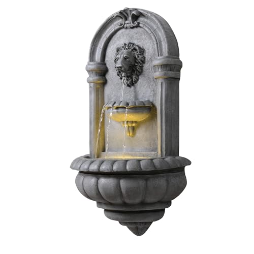 Teamson Home Löwenkopf Wandbrunnen Outdoor 81 cm mit Steinoptik, integrierter LED Beleuchtung und klassischem Design, Naturstein