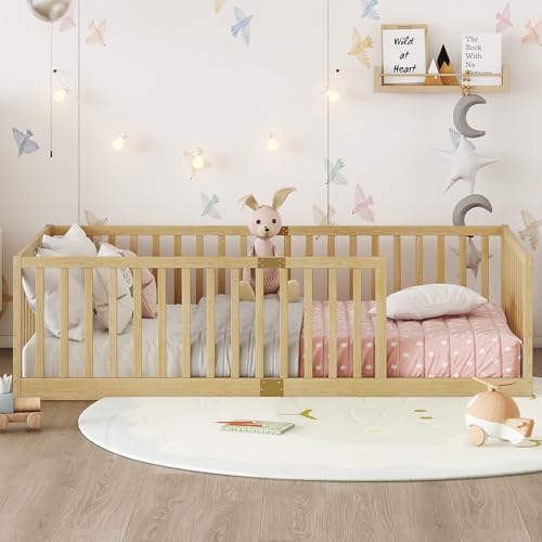 Image of Bellemave Twin Size Kids Montessori Floor Bed Frame with Slats,Solid Wood Floor Bed Frame with High Fence for Kids,Girls,Boys,Natural
