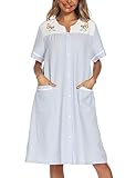 YOZLY House Dress Womens Embroidered Housecoat Short Sleeve Duster Robe with Front Pockets S-3XL, Light Blue, XL