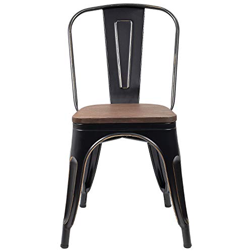 Image of Furmax Metal Dining Chairs with Wood Seat, Indoor-Outdoor Use Stackable Chic Dining Bistro Cafe Side Metal Chairs Set of 4 (Black Gold)