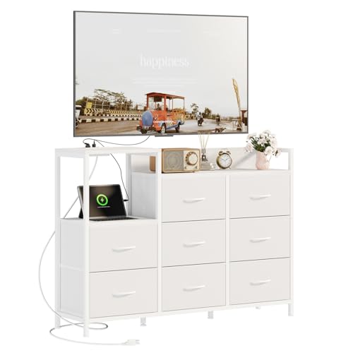 Image of DUMOS TV Stand Dresser with 8 Fabric Drawers & 1 Open Shelf, TV Stand with Wooden Top, Entertainment Center with Charging Station for Living Room, Hallway, White