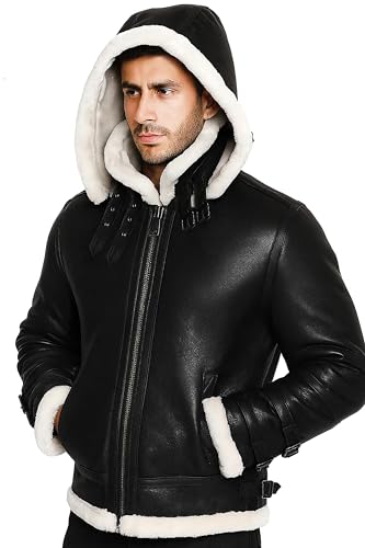 Mens Faux Fur Leather Jacket B3 Flight Pilot Stylish Removable Hood Black Leather Coat2