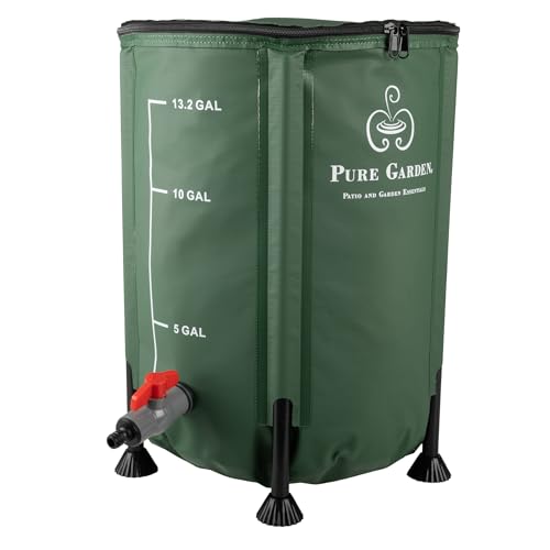 Rain Barrel - 13.2-Gallon/50-Liter Collapsible Water Container for Catching Rainwater - Portable Water Tank with Outflow Valve by Pure Garden (Green)
