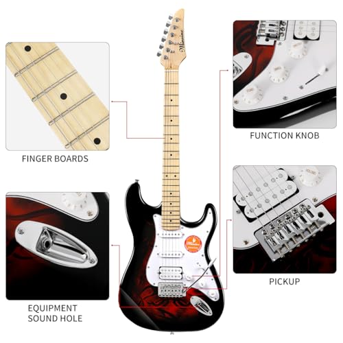 Image of Electric Guitar Beginner Kits, 6 Strings 39 Inch Solid Body Guitarra Electricar Set for Adults With Gig Bag, Strap, Tremolo Arm, Cable & Picks MS100 (Flame Red)