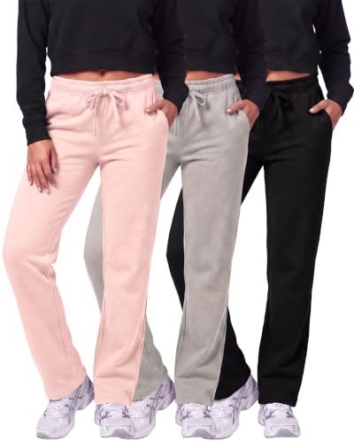Image of Real Essentials 3 Pack: Women's Relaxed Fit Fleece Open Bottom Sweatpants - Casual Athleisure (Available in Plus)
