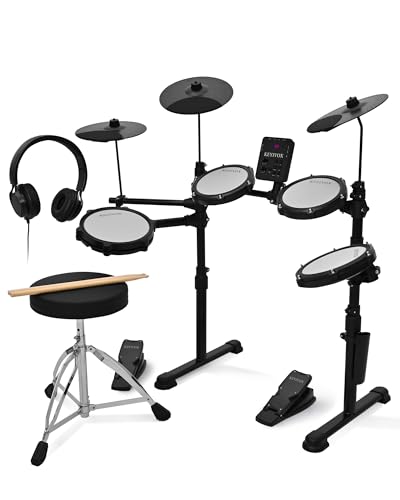 KEYIVOX MT20C Electronic Drum Set with 4 Mesh Pads, 150 Sounds, 30 Songs, 15 Kits, USB MIDI, Headphones, Throne, Sticks, Pedals for Beginners Adults Home Use