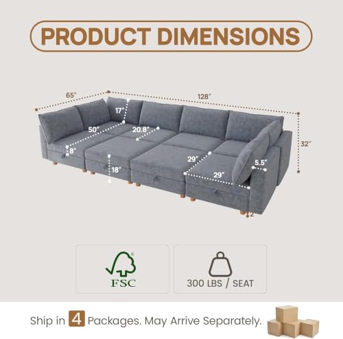 Image of 128 inch Chenille Modular Sofa Bed with Washable Covers & Storage, 8-Seater Modular Sectional Sleeper Sofa Bed with Movable Ottoman Chaise, Convertible Sleeper Sectional Couches for Living Room, Gray