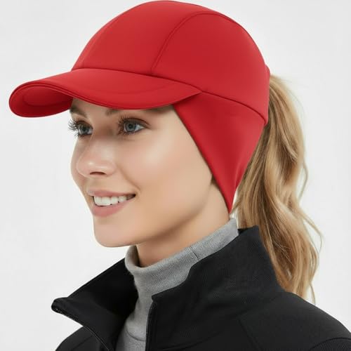 Winter Running Hats for Women, Fleece Ponytail Hat with Drop Down Ear Flap for Running Hiking, Winter Baseball Cap