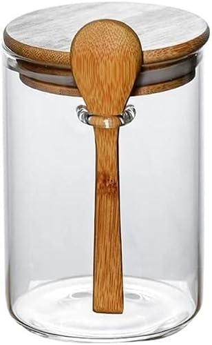 KYUEPONG Sugar Container, Glass Seal Container Sugar Bowl Spice Jar Food Storage with Wooden Lid Spoon