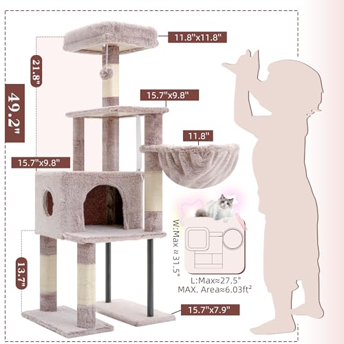 Image of Heybly Cat Tree with Toy, 49.2 inch Cat Tower for Indoor Cats HCT200SMU | Spacious Cat House Condo with Hidden Space,Soft Plush Top Perch,Cozy Hammock and Sisal Scratching Posts, Rosy Brown