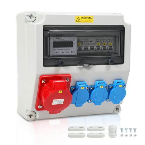 Randaco Wandverteiler mit Stromzähler 3-Phasen und MCB 5 Polig Baustromverteiler mit 3xSchuko-Steckdose und CEE-Steckdose 32A Stromverteiler für Innen und Außen