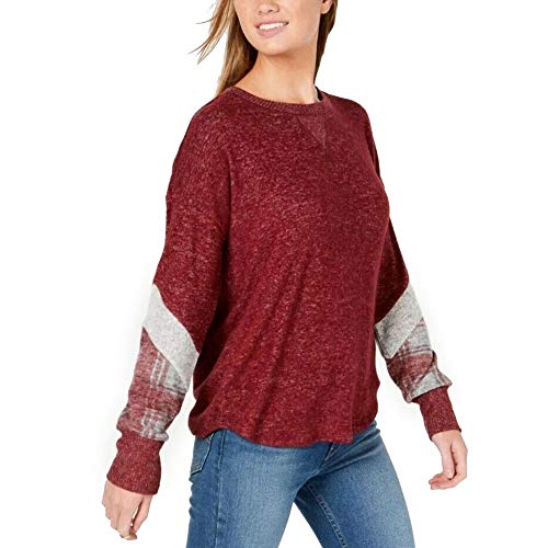 Juniors Plaid Sleeve Hacci Sweater