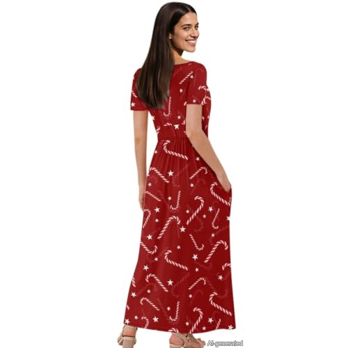 Image of Women's Fall Summer Short Sleeve Ankle Length V-Neck Party Dress with Pockets Size S-3XL