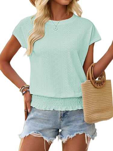 Image of Women's Summer Short Sleeve Eyelet Tops Daily Casual Crewneck T Shirts Elastic Waist Smocked Blouses
