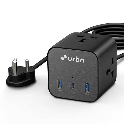 Image of URBN 6-in-1 Qube Core Power Strip | 3 Universal Sockets (2500W) + 3 USB Ports (20W PD) | Fast Charging | Heavy Duty 2m Power Cord | Surge Protection | 1 Year Warranty (Black)