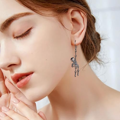 Black Skeleton Earring S925 Sterling Silver Halloween Spooky Gothic Skull Dangle Drop Earring for Women Jewelry4