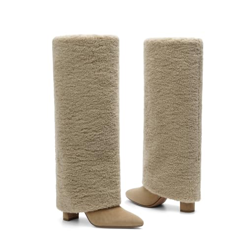 Image of Knee High Boots Women Fold Over Boots Chunky Heel Pointed Toe Tall Boots | Fashion Slouchy Boots,Side Zipper Shark Boots,Fall Spring Winter Fashion Dress Tall Boots,Evening Bridal office Long Boots