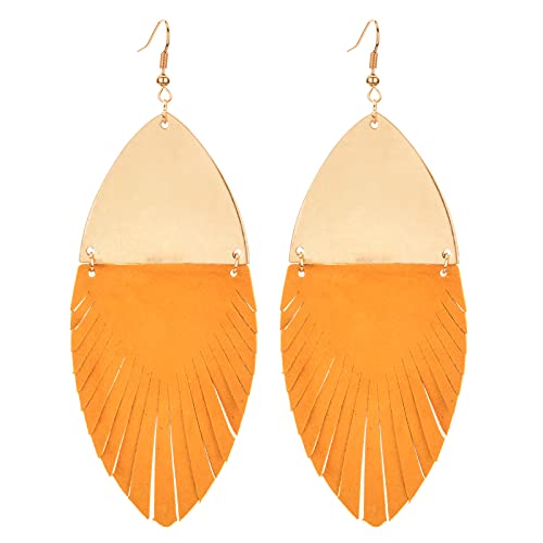Feather Fringe Leather and Metal Earrings for Women- Boho Genuine Leather Leaf Tassel Statement Earrings Bohemian Leopard Suede Leather Hypoallergenic Lightweight Dangle Earrings Nickle Free
