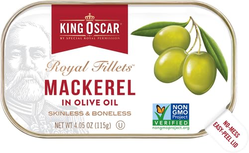 Image of King Oscar Mackerel in Olive Oil, 4.05 Ounce Can (Pack of 3, Packaging May Vary), Skinless & Boneless, Wild Caught Canned Mackerel