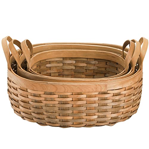 Elsjoy Set Of 3 Wood Woven Storage Basket With Handles, Oval Fruit Bread Basket Organizer Rustic Rattan Nesting Basket Bin For Living Room, Bathroom, Kitchen, Home Decor #TOP6