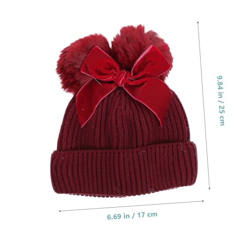 Boys Knitted Hat Hat for Newborn Boy Girl Bow Decor Girl and Double Balls Dark Red2