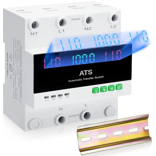 100amp AC110V Automatic Transfer Switch with LED Display, 50/60Hz 2P ATS Auto Dual Power Outdoor Changeover Switch for Home Generator,L1 Priority Din Rail Mount CE Certified Selector Transfer Switches
