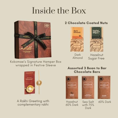 Image of KOKOMAE Raksha Bandhan Luxury Chocolate Gift Hamper, 3 Bean-to-Bar Chocolate Bars, 2 Chocolate Coated Nuts, Complimentary Rakhi & Greeting Card