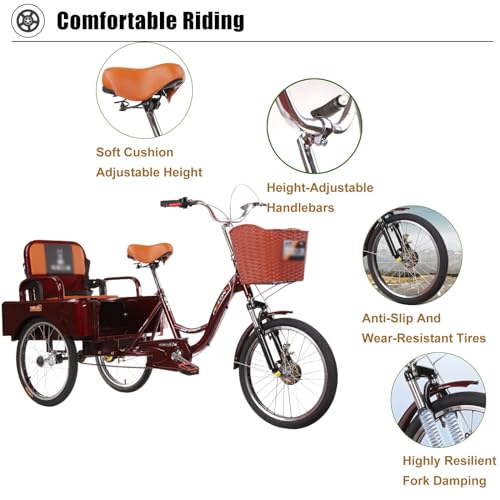 Image of SRNSAEB Adult Tricycle Carrying Passengers and Cargo, 20Inch 3 Wheel Bicycle for Men /Women /Seniors, Adjustable Height Three Wheel Cruiser Bike for Cycling /Outing /Picnic (Color : Red)