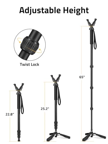 Trakiom Shooting Stick Rifle Monopod with 360° Rotatable V Yoke Rest, Hunting Rifle Tripod with Tri-Stand Base Gun Stick for Shooting and Hunting, Black