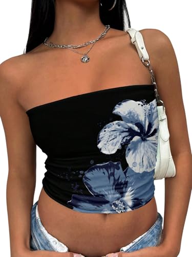 GORGLITTER Y2k Top Bandeau - Top sexy para mujer, con flores, para verano, fiesta, playa, tubo, flores, festival, negro y blanco, S