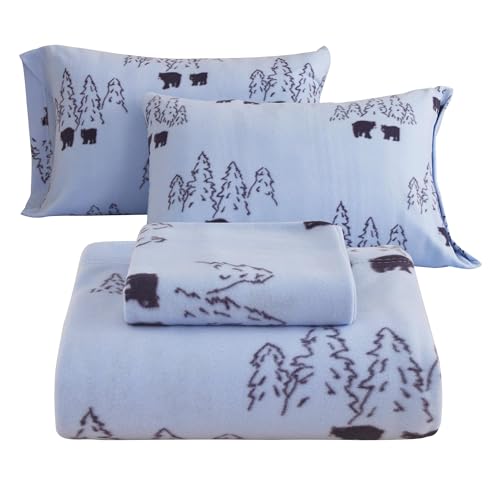 Image of Fleece Sheet Set King, Soft Plush Bed Sheets, 4-Piece, Blue Bear