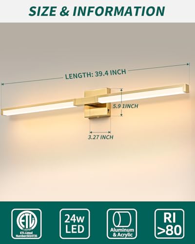 Image of OKELI 40 Inch Bathroom Vanity Light Fixtures, Gold Modern Light Fixtures Over Mirror, 24W 5CCT Dimmable Wall Light