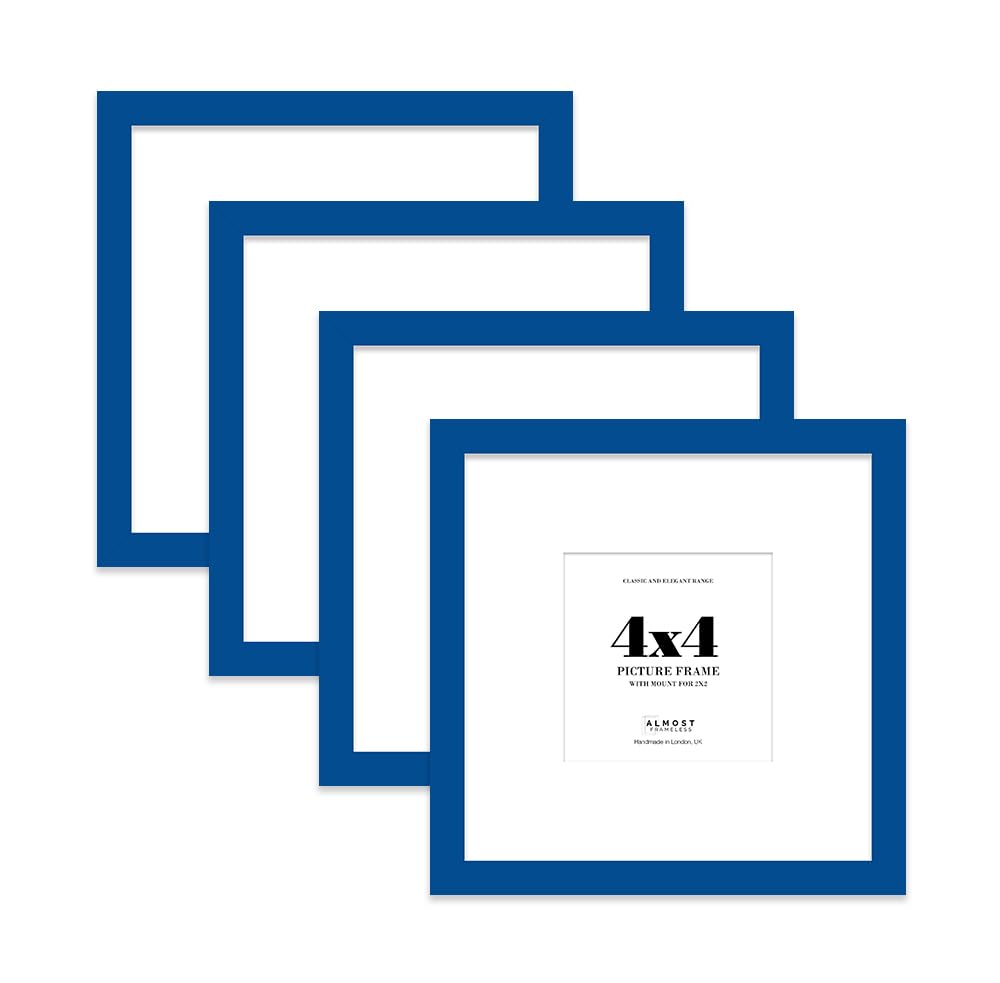 4x4 Blue Picture Frame with Mount for 2x2 Photos, Prints - Modern Square Wall Frame, Set of 4