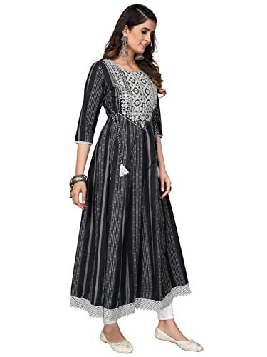 Image of Vbuyz Women's Cotton Blend Print & Embroidered Anarkali Stitched Kurta