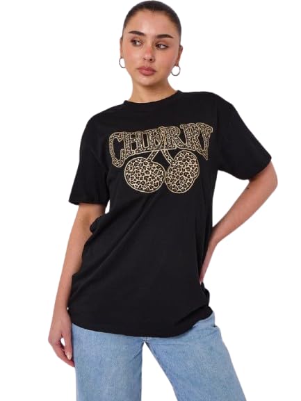 T-shirt imprimé léopard cerise femme en coton haut de gamme coupe fluide