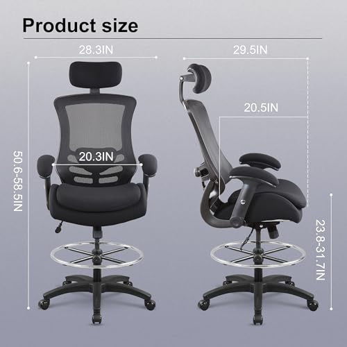 Image of BOLISS 400lbs Ergonomic Drafting Chair,Tall Office Mesh Chair, Standing Desk Chair,Height Adjustable Armrest and Flip up Arms, Adjustable Lumbar Cushion (Black Frame Black Mesh)