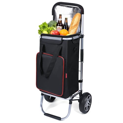 YEAUPE Carro de la Compra Plegable con Frigorífico, Carro Plegable 3 en 1 (Carro y Mochila), Capacidad Máxima 50L y 25kg de Carga, para Supermercado, Playa, Compras - Negro