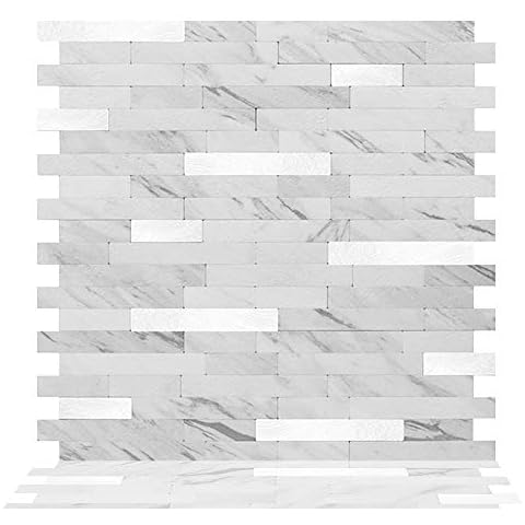 Tic Tac Tiles Peel and Stick Self Adhesive Removable Stick On Kitchen Backsplash Bathroom Metallic Tiles (Marble White, 1) Cover