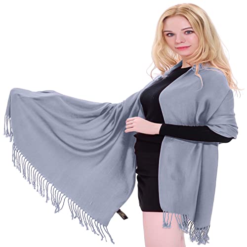 CJ Apparel Cadet Grey Blue Grey Gray Solid Color Tassels Design Nepalese Shawl Scarf Wrap Stole Throw Head Wrap Pashmina Hand Made in Nepal New