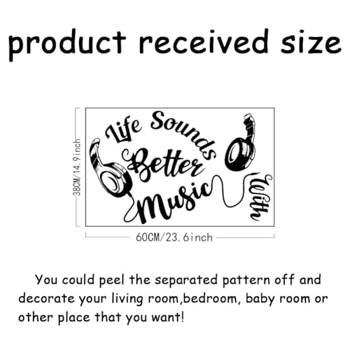 SUPERDANT Black Music Wall Sticker Life Sounds Better with Music Wall Decal Headset Removable Vinyl Art Peel and Stick for Studio Dance Room Bedroom Decor - Image 2