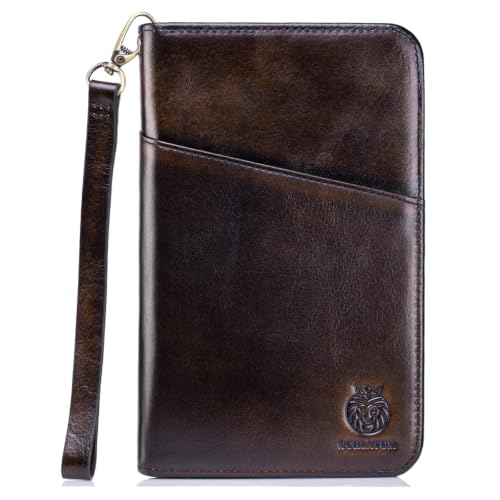 Image of Passport Holder for Travel Family with Strap Genuine Leather RFID Blocking Travel Document Organizer Wallet with Pen Holder, Antiqued