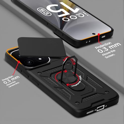 Image of Pikkme Back Cover for iQOO 15 5G | 360 Protection Case | Sliding Camera Shield Cover & Ring Holder Stand D10 Tough Armor Bumper Case (Black)