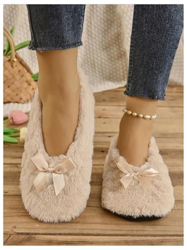 OYOANGLE Women's Bow Furry House Slipper Socks Closed Toe Non-Slip Fuzzy Warm Slippers2