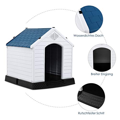 GYMAX Outdoor Hundehütte mit Schrägdach & erhöhtem Boden, Hundehaus aus Kunststoff, Wetterfeste Hundehöhle im Landhausstil (Weiß + Blau, 72,5 x 66 x 70,5 cm)