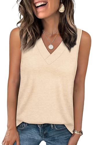 WIHOLL Womens Summer Tops Trendy Plus Size Tank Tops Flowy V Neck T Shirts Vacation Outfits Sleeveless Shirts Loose Soft Beige XL