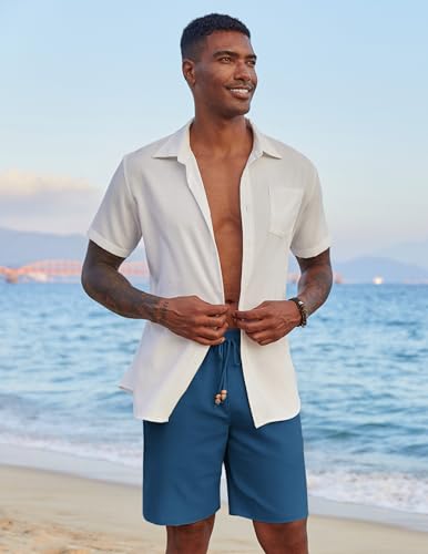 Image of COOFANDY Mens Casual Linen Shorts Elastic Waist Drawstring Loose Fit Summer Beach Vacation Shorts with Pockets