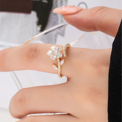 Kokoma Rotating Flower Wrap Finger Ring Spinner Ring for Women Sparkling Crystal CZ Floral Open Statement Ring Fidget Anxiety Ring Eternity Promise Rings Band3