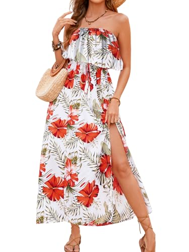 Image of Women's Ruffle Floral Maxi Summer Casual Dress Off Shoulder Wedding Guest Slit Hem Beach Prom Dresses